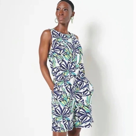 Jason Wu Pants - JASON WU XL Linen Romper Blue Palm Playsuit